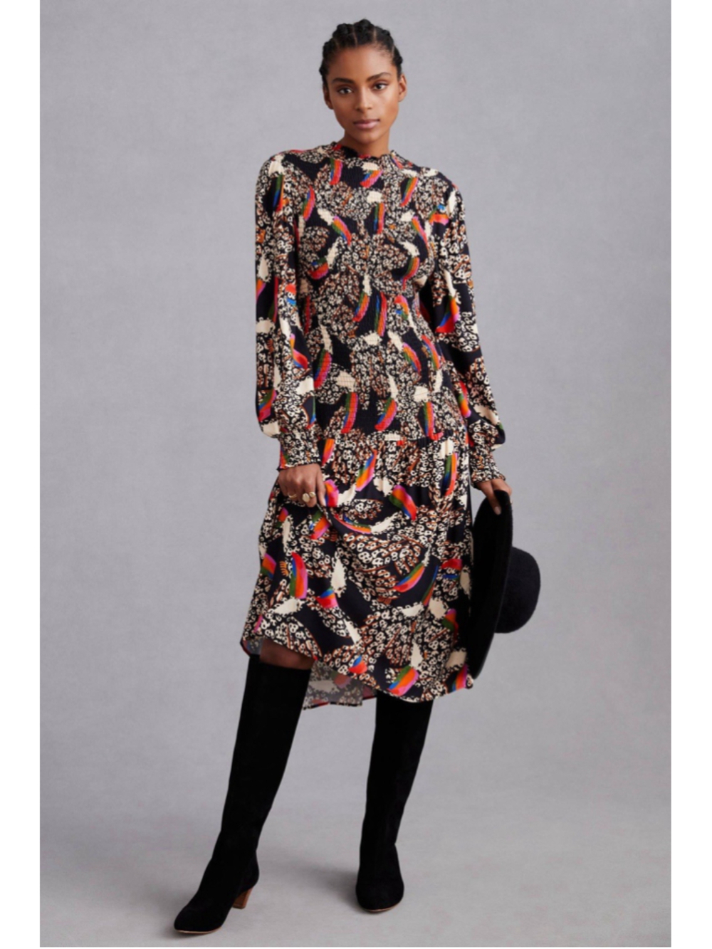 FARM Rio Multicolor Animal Print Smocked Knee Dress L Balloon Sleeve High Neck - Picture 3 of 12